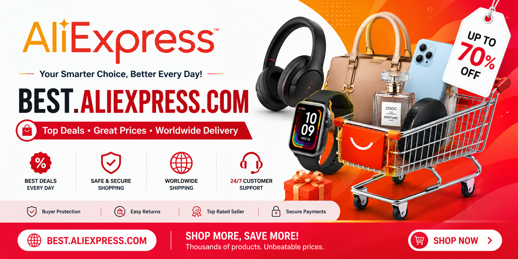 AliExpress online shopping banner featuring electronics, fashion, accessories, and exclusive discounts with worldwide shipping, secure shopping, and daily deals.