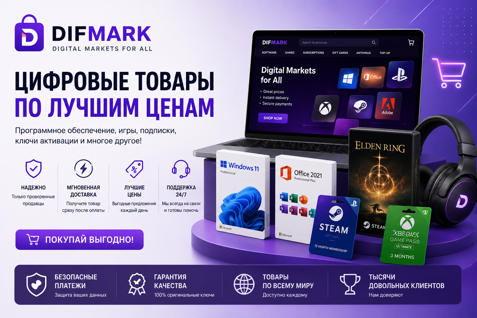 Difmark online gaming marketplace featuring game keys, PC and console games, gift cards, game currency, top-ups, software, and digital gaming products.