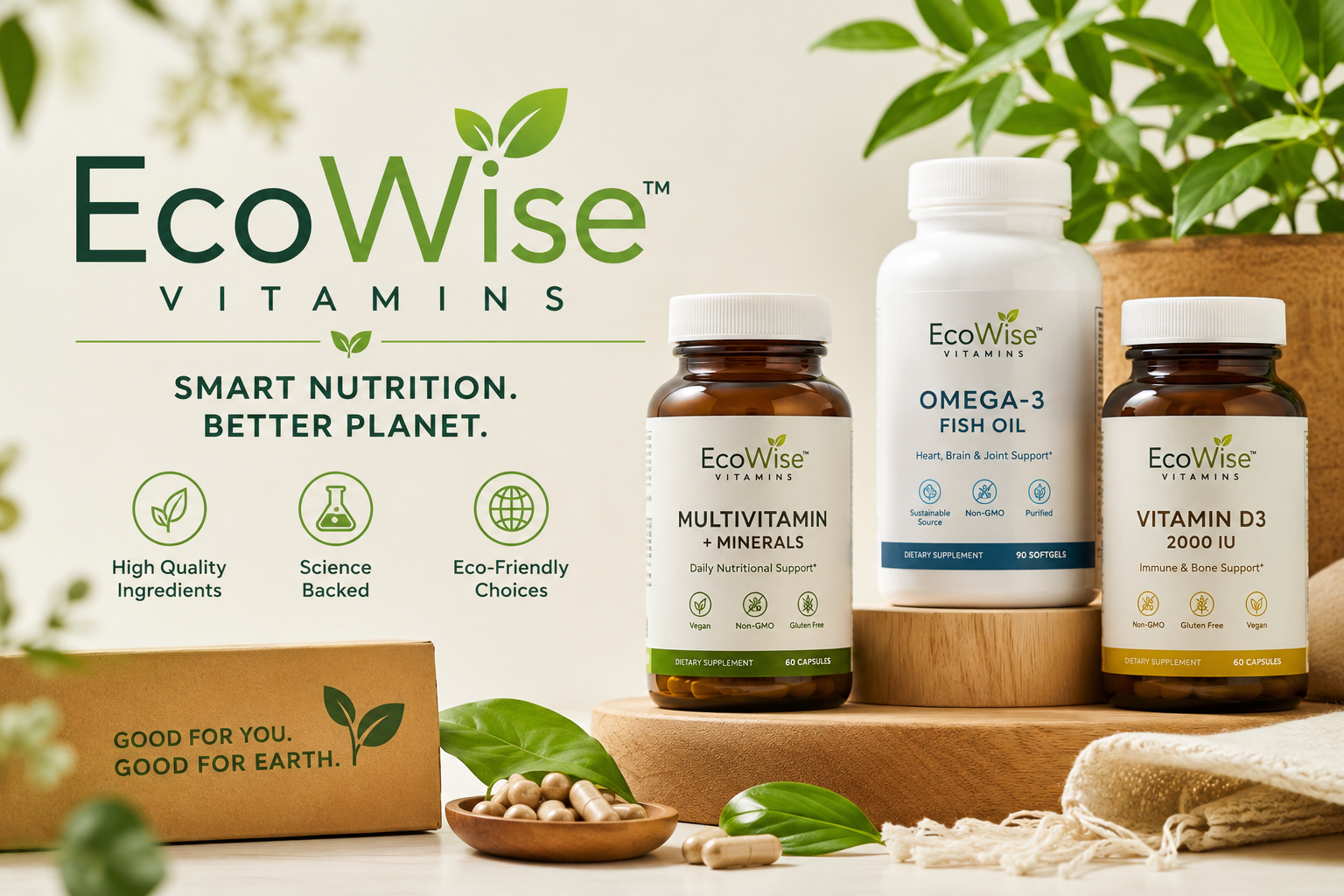 EcoWise Wellness supplement store featuring creatine gummies, creatine HCl, longevity supplements, Ashwagandha gummies, and clean performance wellness products.