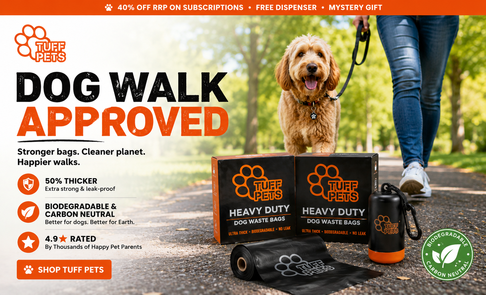 Tuff Pets eco-friendly pet supplies featuring heavy-duty biodegradable and compostable dog waste bags with convenient dispensers for clean, sustainable dog walks.