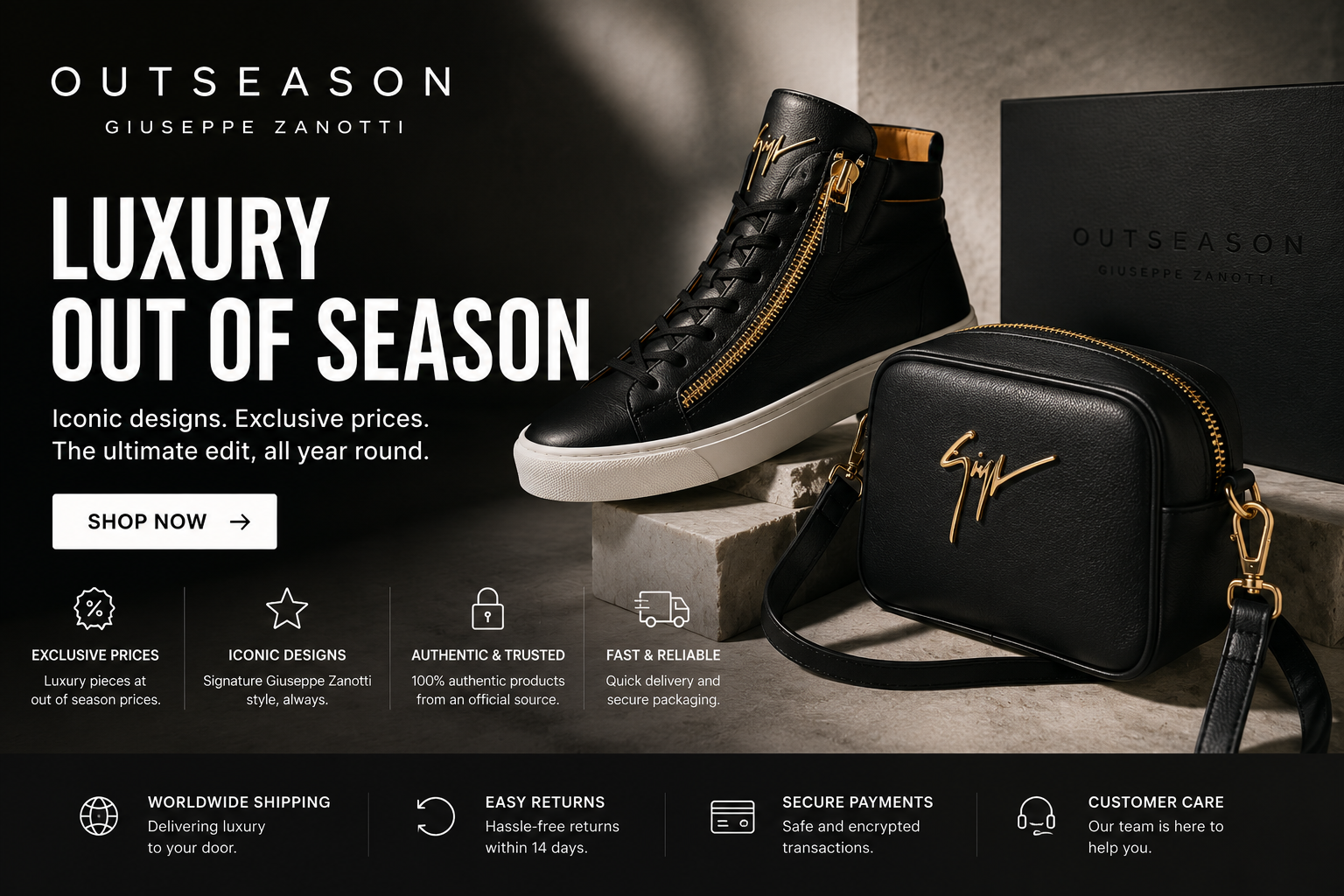 Giuseppe Zanotti luxury outlet collection featuring designer Italian shoes, handbags, and fashion accessories crafted with premium materials and signature high-fashion style.