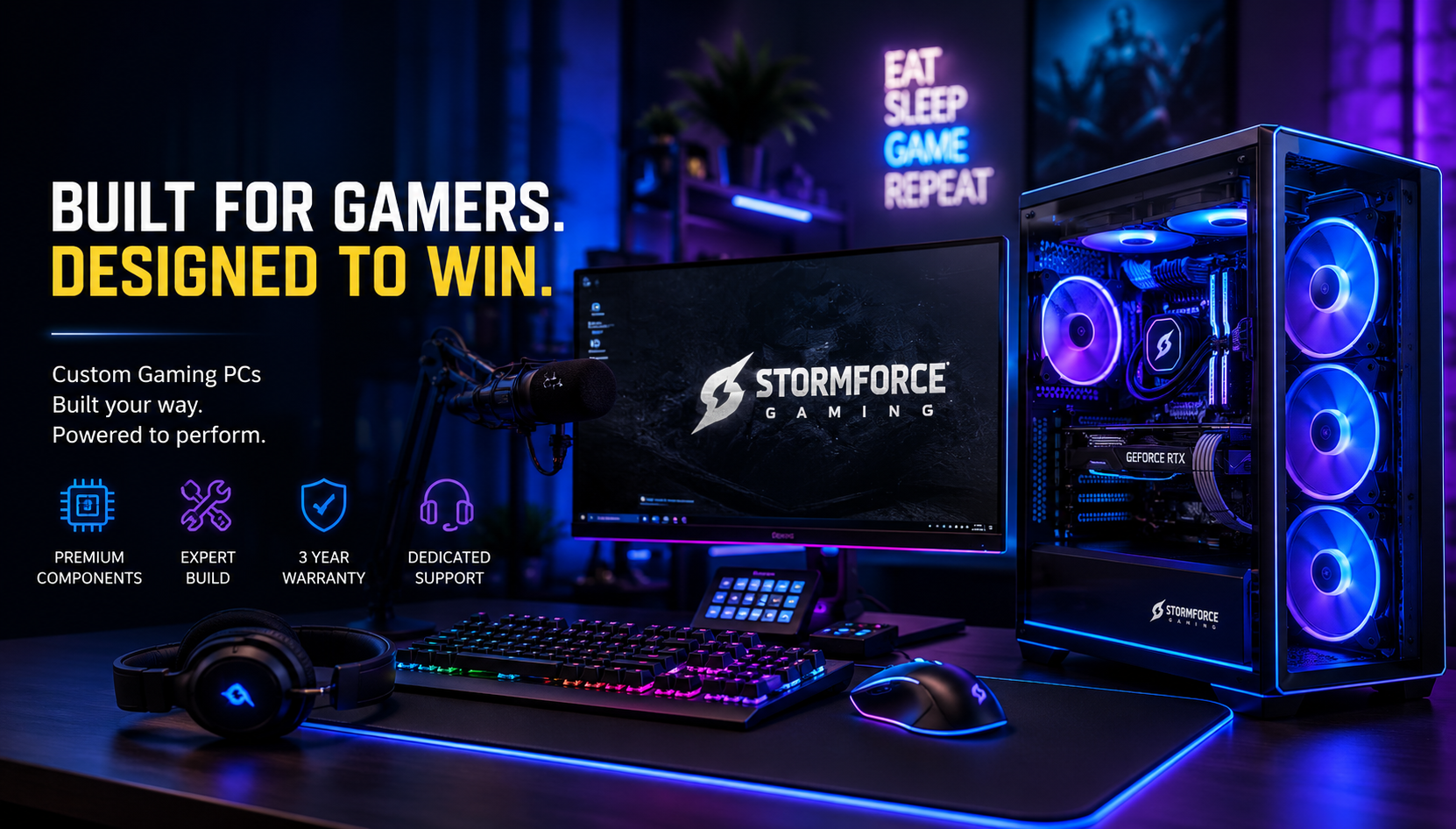 Stormforce Gaming UK high-performance gaming PC featuring the latest AMD or Intel processors, NVIDIA RTX graphics, RGB lighting, and premium components for immersive PC gaming.