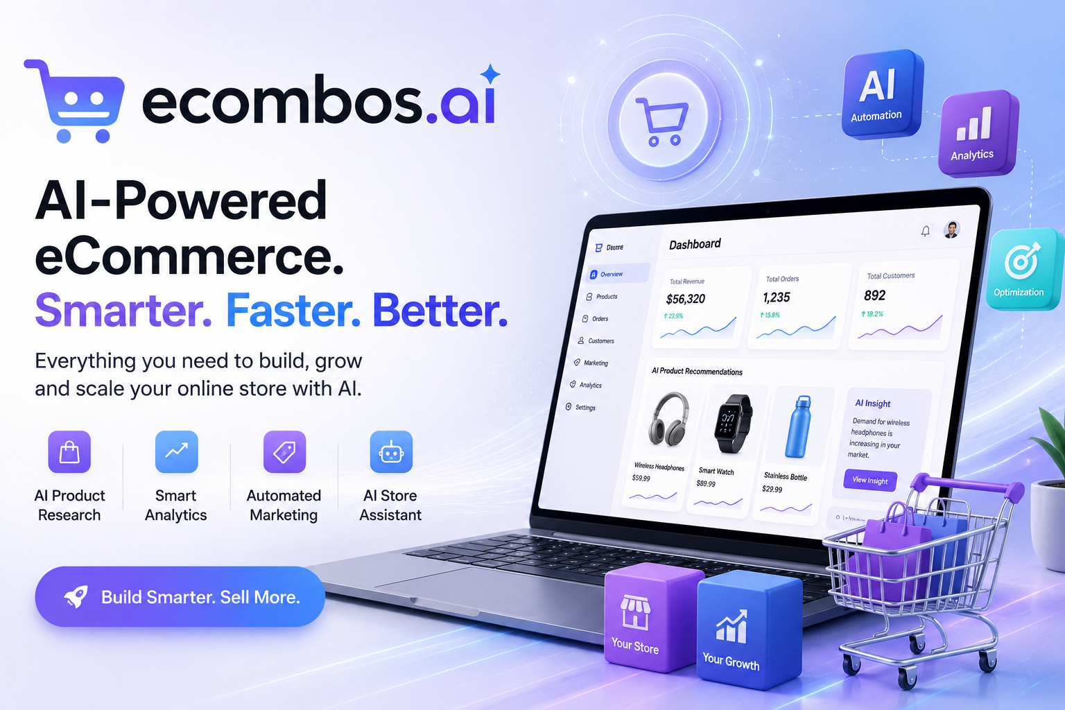 EcomBos AI e-commerce platform featuring product photography, cinematic video ads, UGC content, AI advertising tools, and marketing creatives.