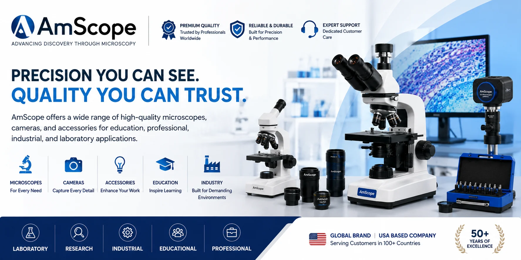 Explore the microscopic world with industry-leading microscopes, digital cameras, and precision lab optics.