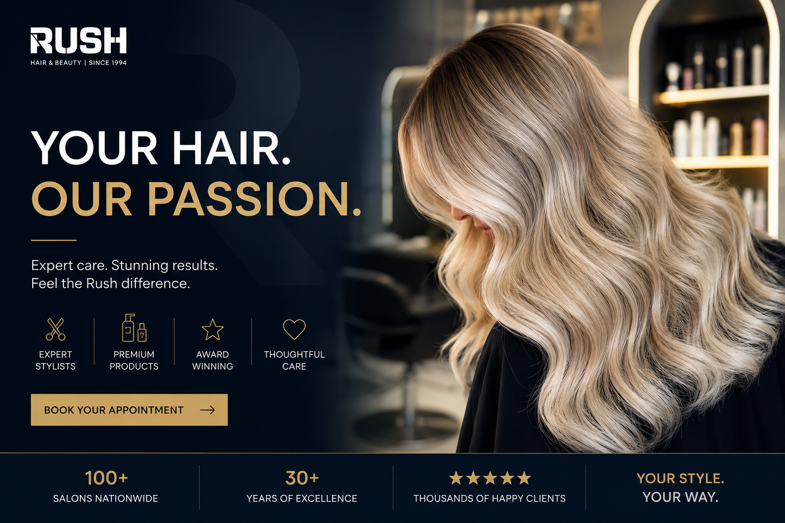 Rush Hair & Beauty salon interior featuring professional hairstylists providing haircuts, colouring, and beauty treatments.