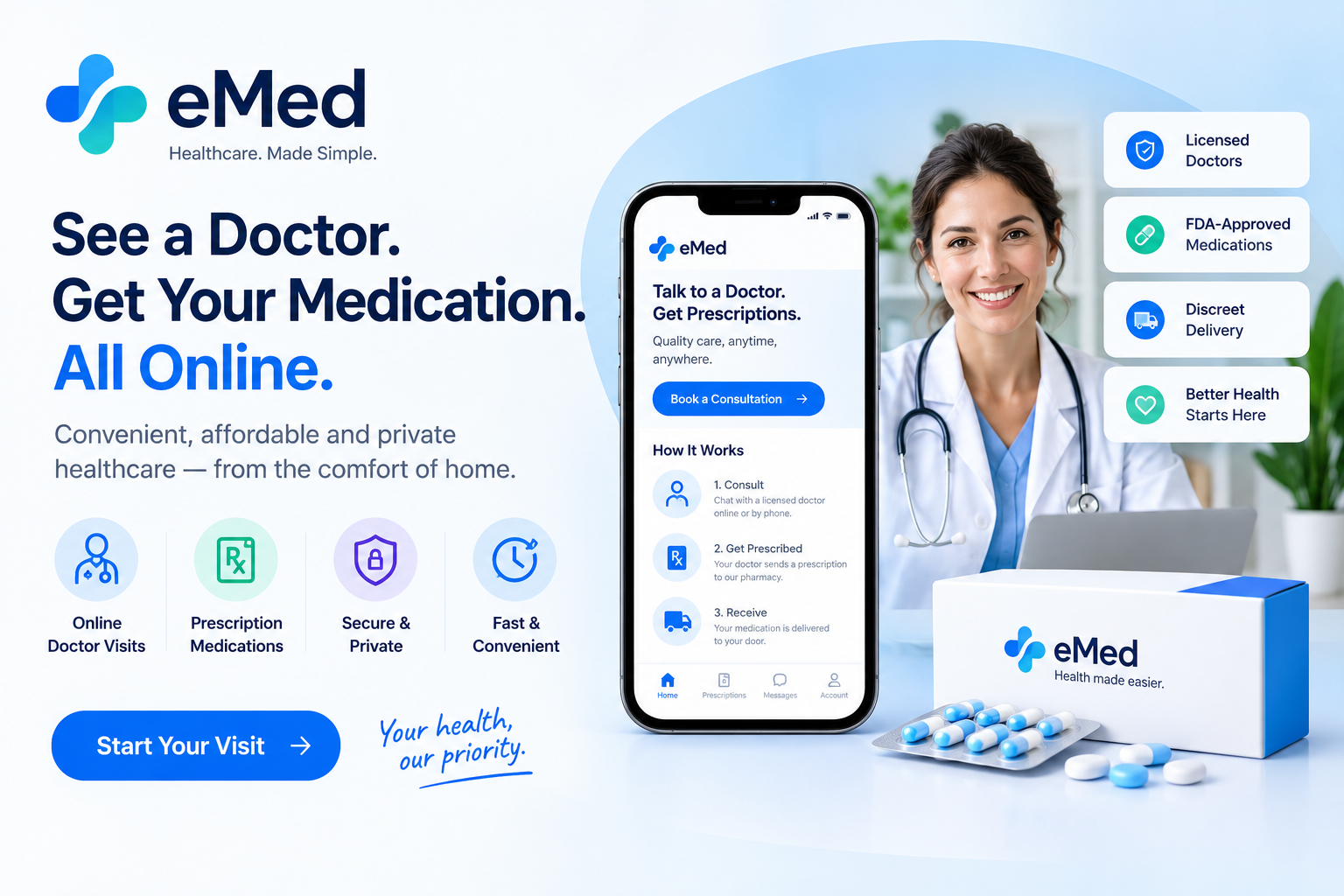 eMed digital healthcare platform featuring GLP-1 weight management, at-home health screening, personalized clinical care, health monitoring, and wellness support.