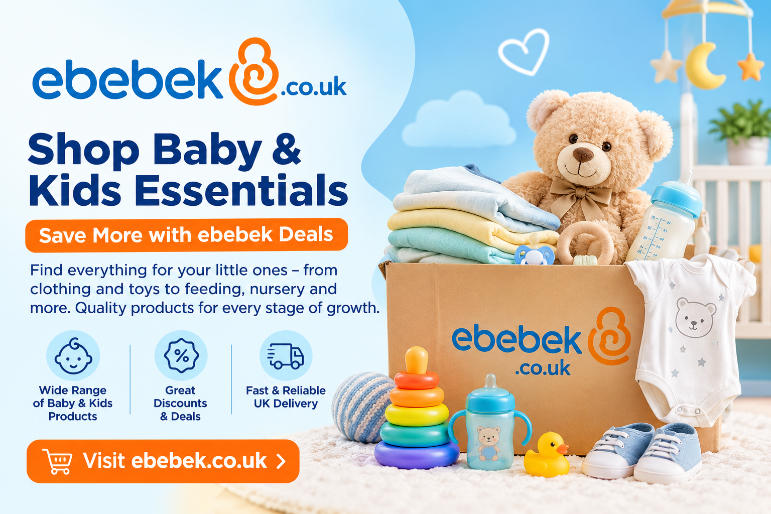 ebebek UK online baby store featuring pushchairs, car seats, baby clothing, toys, nappies, feeding products, nursery furniture, and maternity essentials.