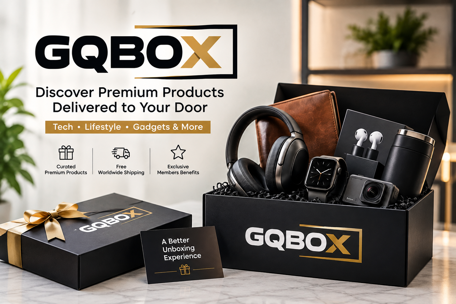GQ Box subscription service featuring curated men's grooming, style, skincare, fragrance, lifestyle products, accessories, and premium gear.