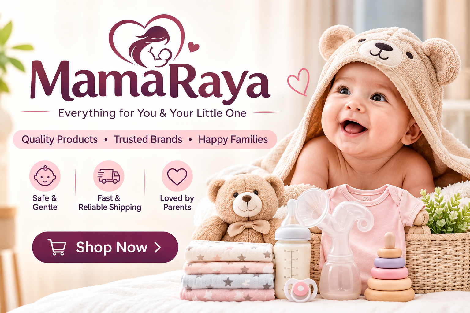 MamaRaya online store featuring personalized baby gifts, nursery baskets, kids' backpacks, school sets, baby clothing, accessories, and custom keepsakes.